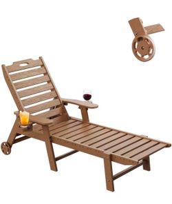 Lounge Chair Outdoor, HDPE Chaise Lounge with Wheels, 5-Position Adjustable Backrest & 2 Cup Holders Patio Lounge Chair, All-Weather Pool Sun Lounger 