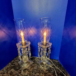 Vintage Crystal Mantle Luster Prism Glass 2 Hurricane Lamps 30"
