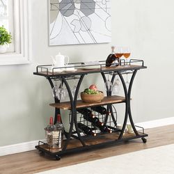 Black Iron Wine Bar Cabinet on Wheels with Wine Racks and Holder[NEW] (2 Available)