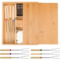 Bamboo Smores Box with a Lid,Smores Caddy with 6Pcs Extendable Marshmallow Roasting Sticks,Exquisite Smores Kit for Fire Pit Outdoor - Per