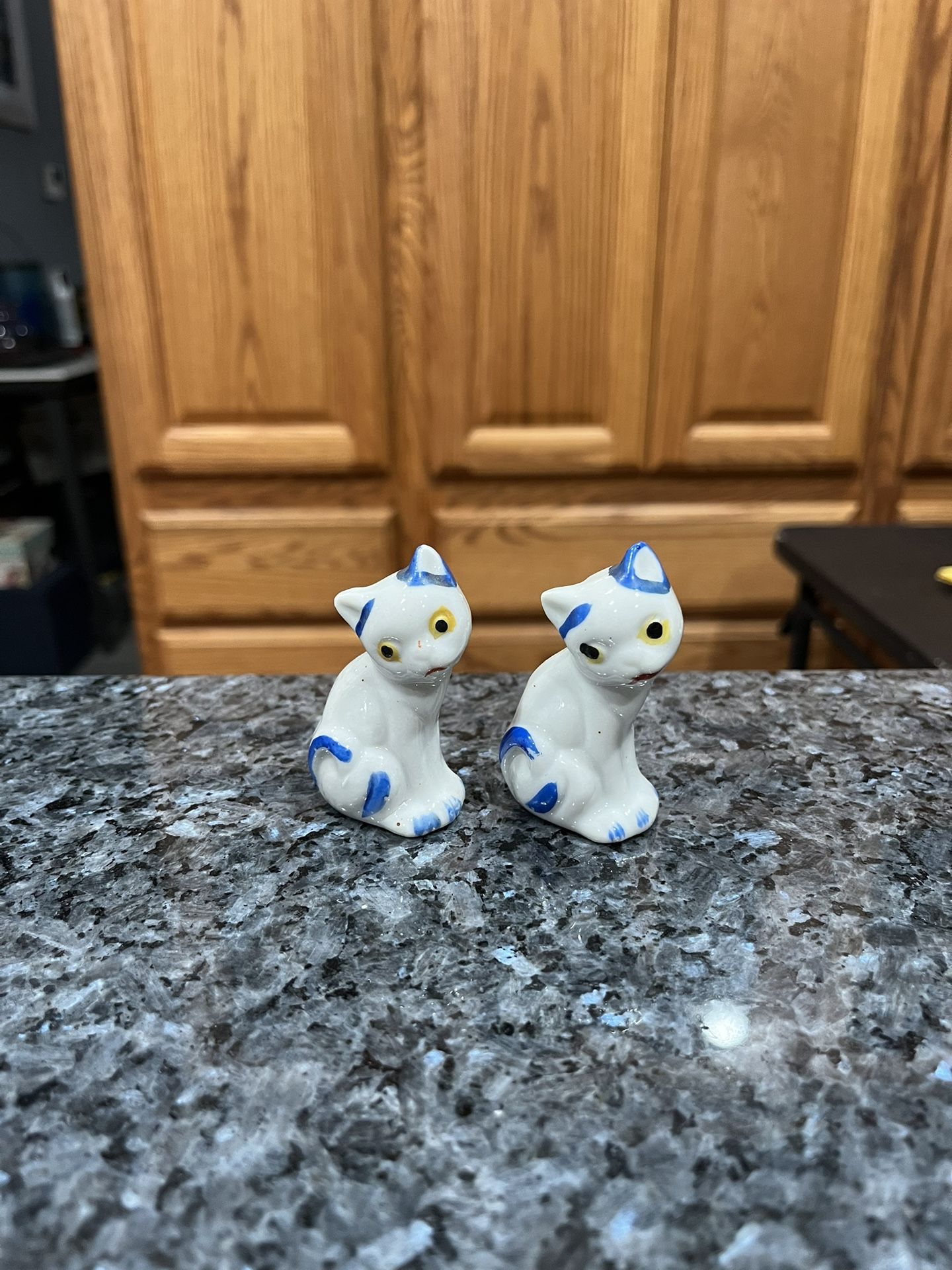 Ceramic Vintage Cat blue and white pair of salt and pepper shakers. With cork stoppers. Size 2 1/2 inches tall. Occupied Japan. Preowned
