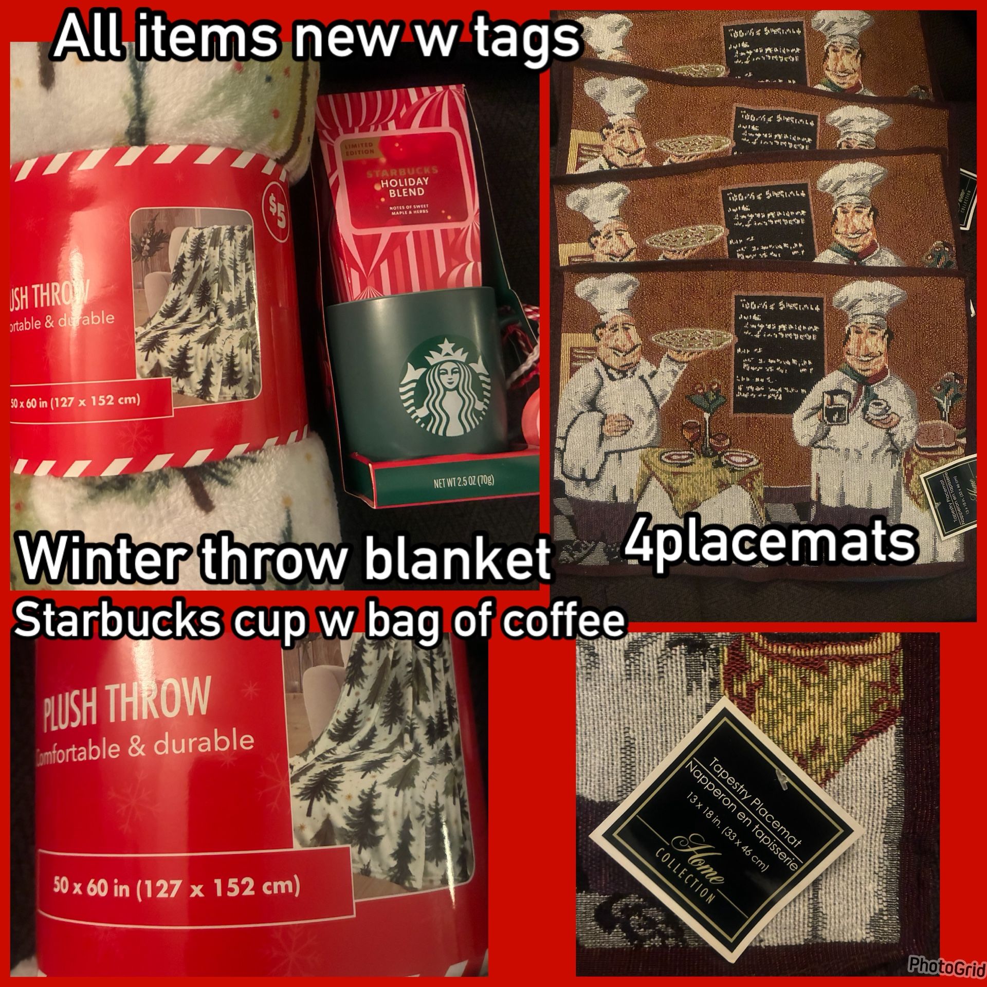 Xmas Bundle Deal $10 Blanket,Starbucks Cup W Coffee,4placemats