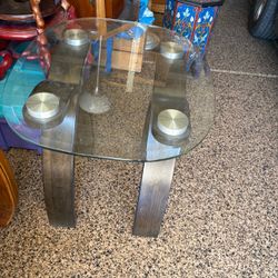Round Glass Top Coffee Table with Wood Base