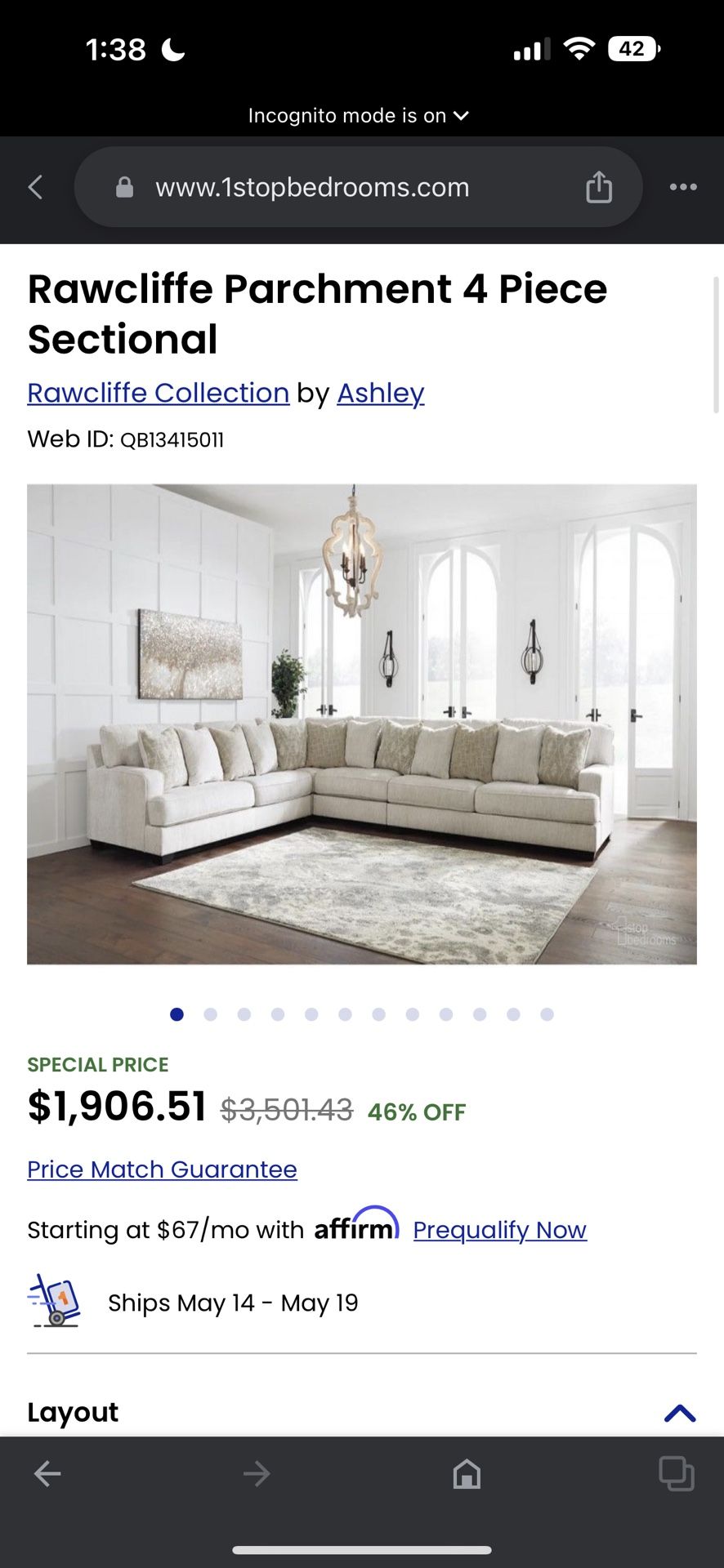 Beautiful Oatmeal Rawcliffe Sectional With Ottoman for Sale in Peoria