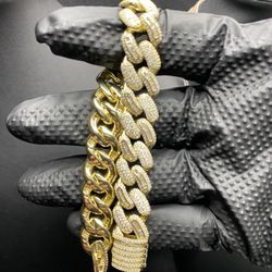 925 Silver ( Gold Over Silver) Miami Cuban Iced Out Bracelet cz 14mm 8.5”