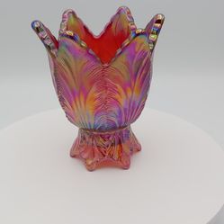 Gorgeous Vintage Fenton Red Carnival Glass Tulip Votive To Taper Candlestick Holder (Reacts To Blacklight)