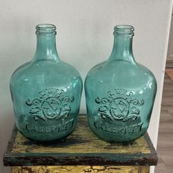 Pair of Large Teal Blue “Cabernet” Heavy Glass Jugs