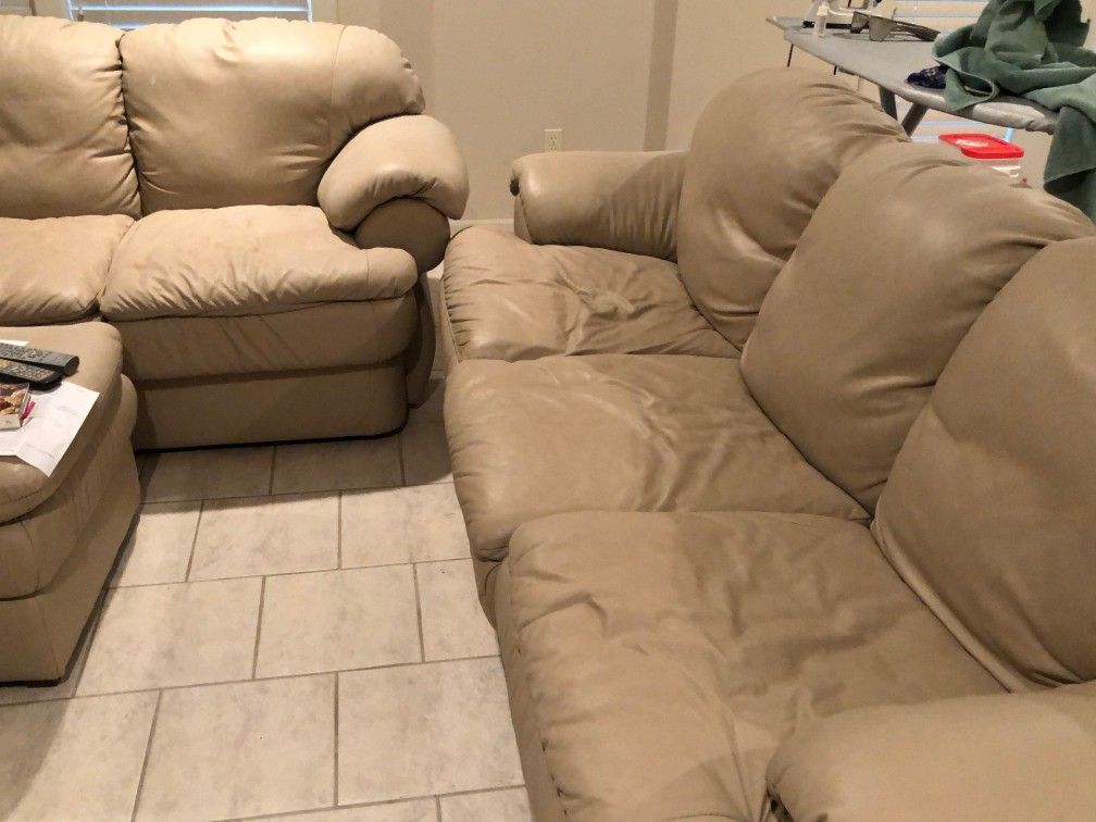 Leather Couch And Chair Set With Ottomans