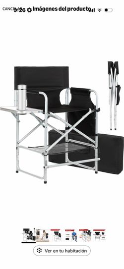 Mefeir 26-inch high folding director's chair with side table; portable bar-height chair for makeup artists; steel frame with 300-lb capacity; 19.2" D