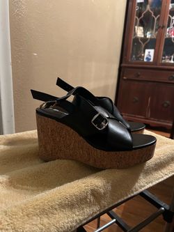 Black Leather Cork Wedge Sandals