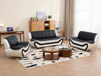 Black leather modern style three piece couch set