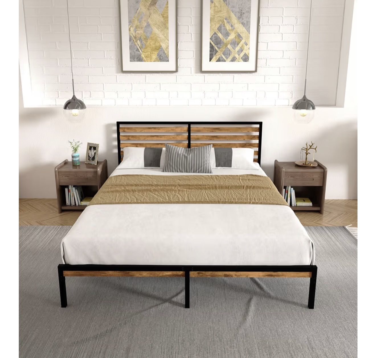 Brand New In The Box- Wood-Metal Combination California King Bed Frame with Headboard, Stable Platform with Steel Slat Support, Double Bed, No Box Spr