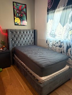 Twin blue/grey tufted bed frame