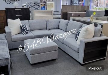 ✅️4 pc grey boucle fabric upholstered sectional sofa with storage arms and ottoman✅️✅️
