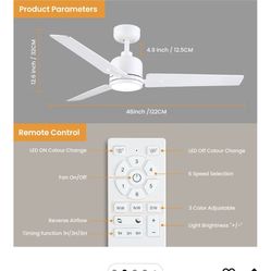 48inch  Ceiling Fans With Lights, Remote, White Ceiling Fans, Dimmable Three Color Temperatures Time Three Blades