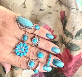 9 Turquoise Stone Silver-Tone Ring Set