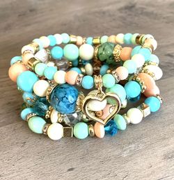 Bohemian Style Beaded Bracelet/ 14K Gold Plated Heart Charm