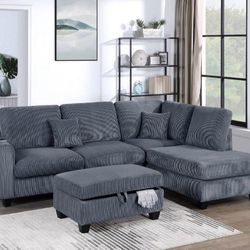 Corduroy Sectional Sofa With Ottoman Storage And Usb Charging Port