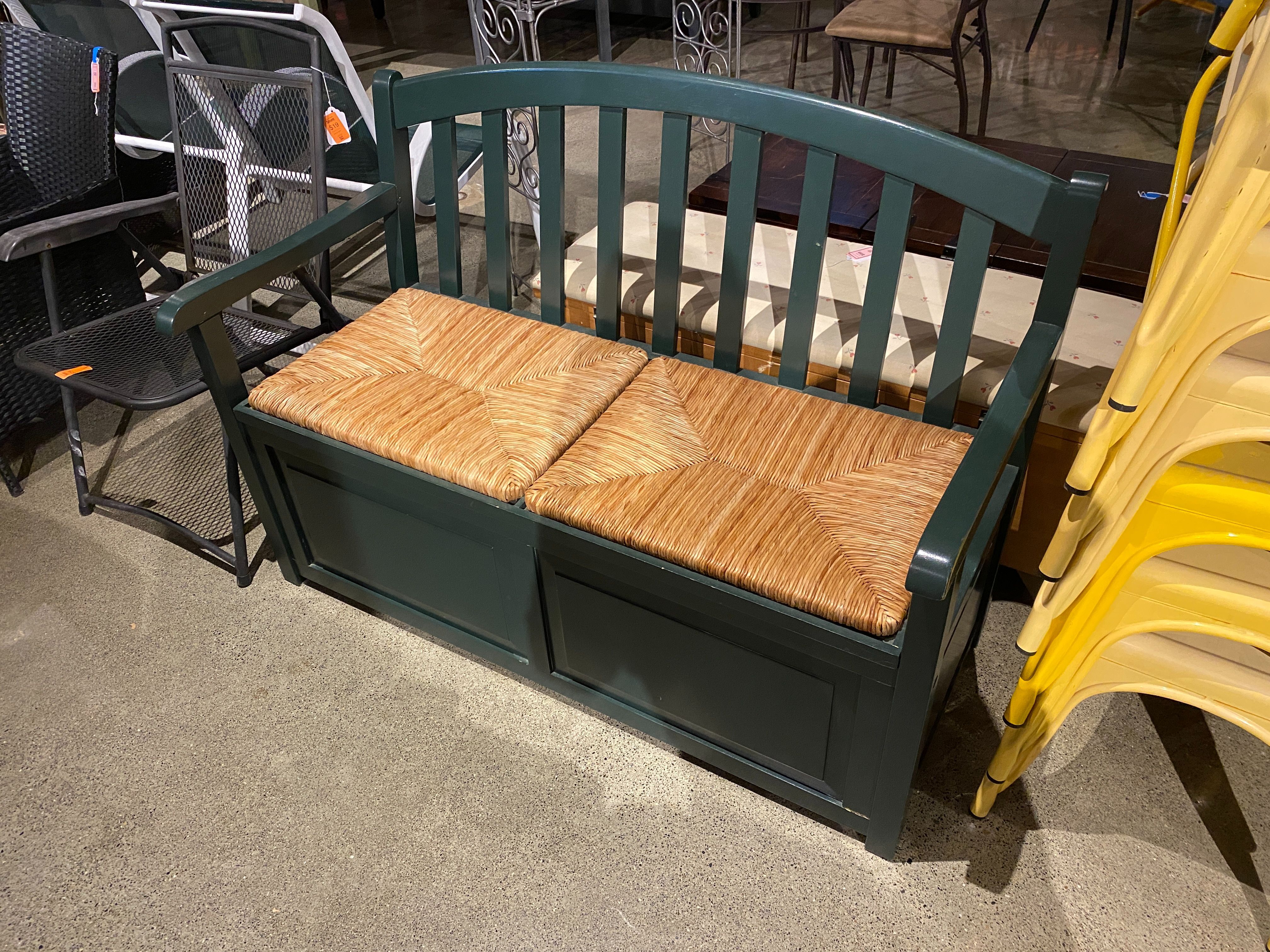Green Wooden Storage Bench with Wicker Seats