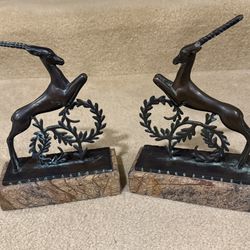 Pair of Vintage Art Deco Bronze Metal Gazelle Bookends on Marble Bases