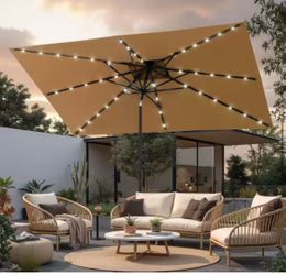 10 ft. x 6.5 ft. Solar Powered Patio Market Umbrella in Tan Brown Rectangular Outdoor Tabel Umbrella with Double Top
