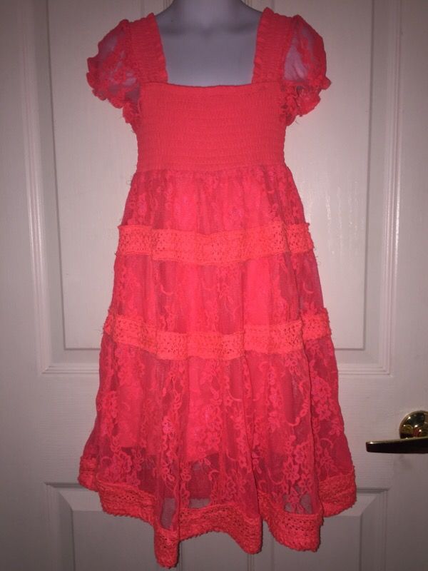 6- 6x girls dress bright coral stretch lace