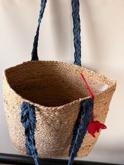 Woven Straw Tote Bag with Navy Handles