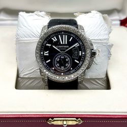 CARTIER • CALIBRE DE CARTIER • 42MM AUTOMATIC STAINLESS STEEL WATCH WITH PAVÉ DIAMONDS (REF: W(contact info removed)) • ORIGINAL BOX & PAPERS