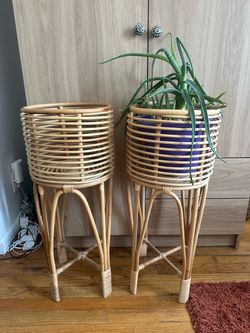 Moving Sale: Two Matching 29” Rattan Plant Stands