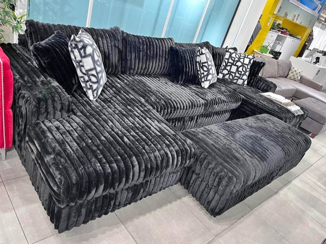 Fast Delivery Black Color Corduroy Sectional Couch Set 🌟 Take Home Pay Later 