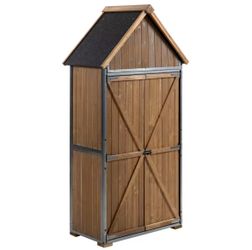 Outdoor storage cabinet 32.3"L x 21"W x 67"H, metal frame garden shed for backyard & patio (Brown + Metal )'