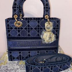 NWB Dior Lady D Blue Velvet Bag Medium 