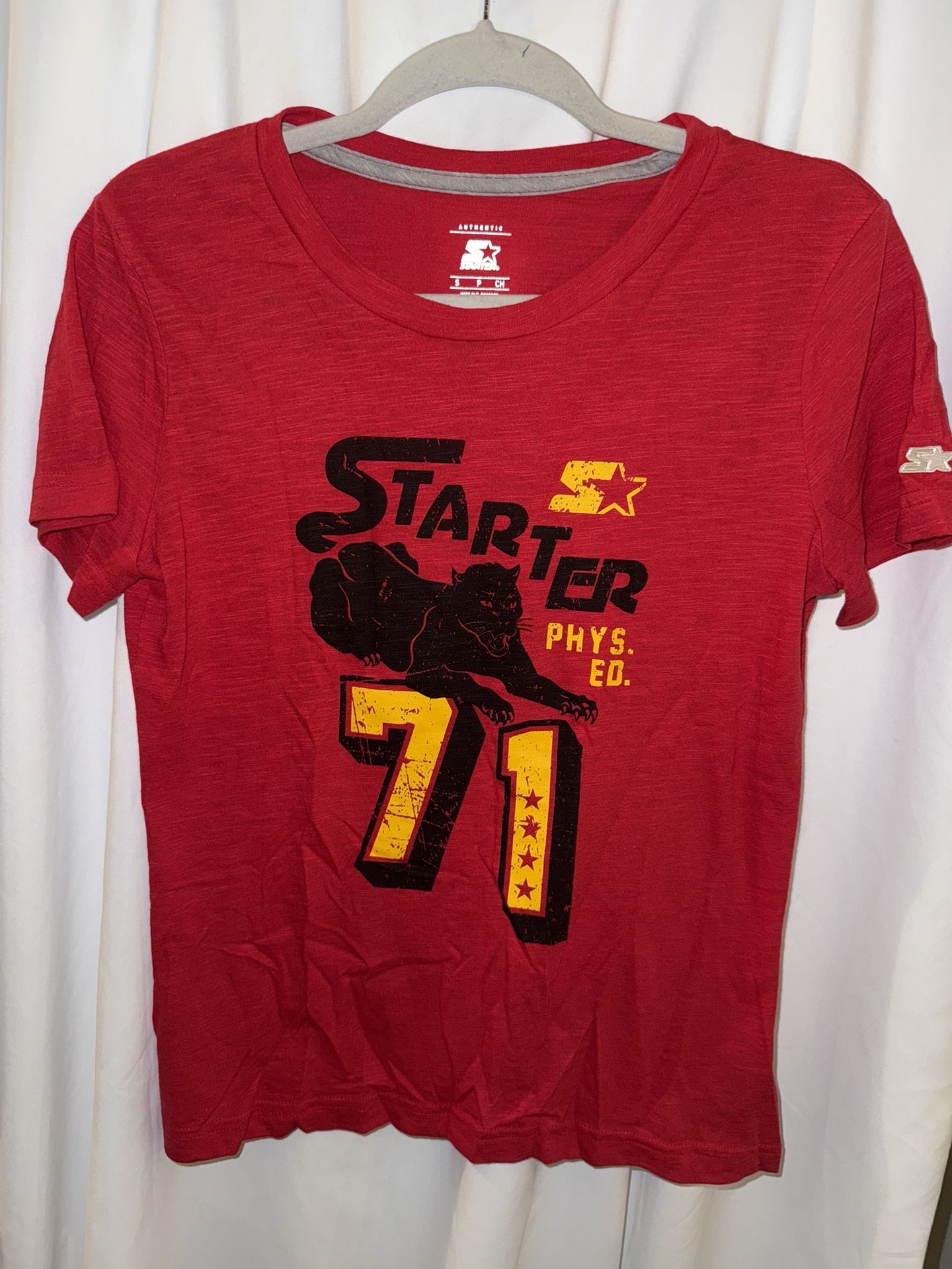 Men’s Starter Brand T-Shirt, Phys Ed 71 Panther, Red, Size Small