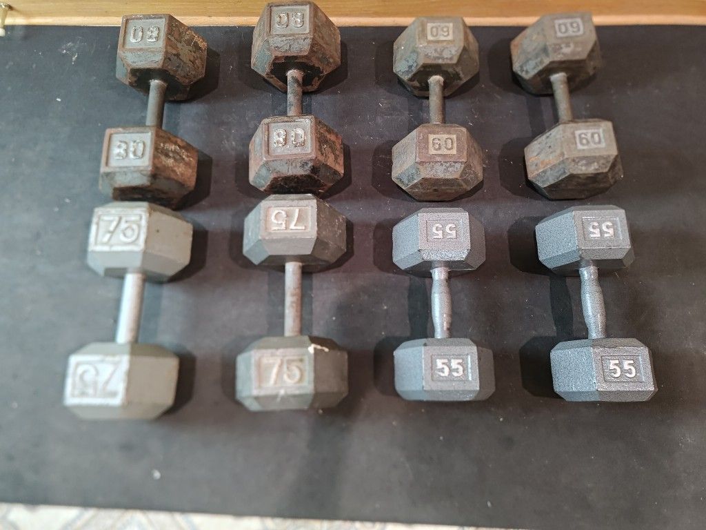 55lb, 60lb, 75lb, 80lb Metal Hex Dumbbells