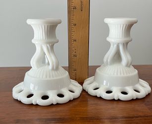 Vintage Pair of  Westmoreland "Doric" Pattern White Milk Glass Candlesticks