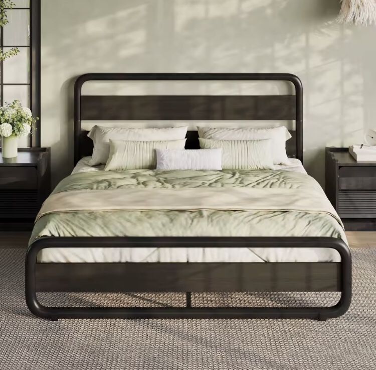 HOOMIC Metal Bed Frame with Curved Wooden Headboard Footboard