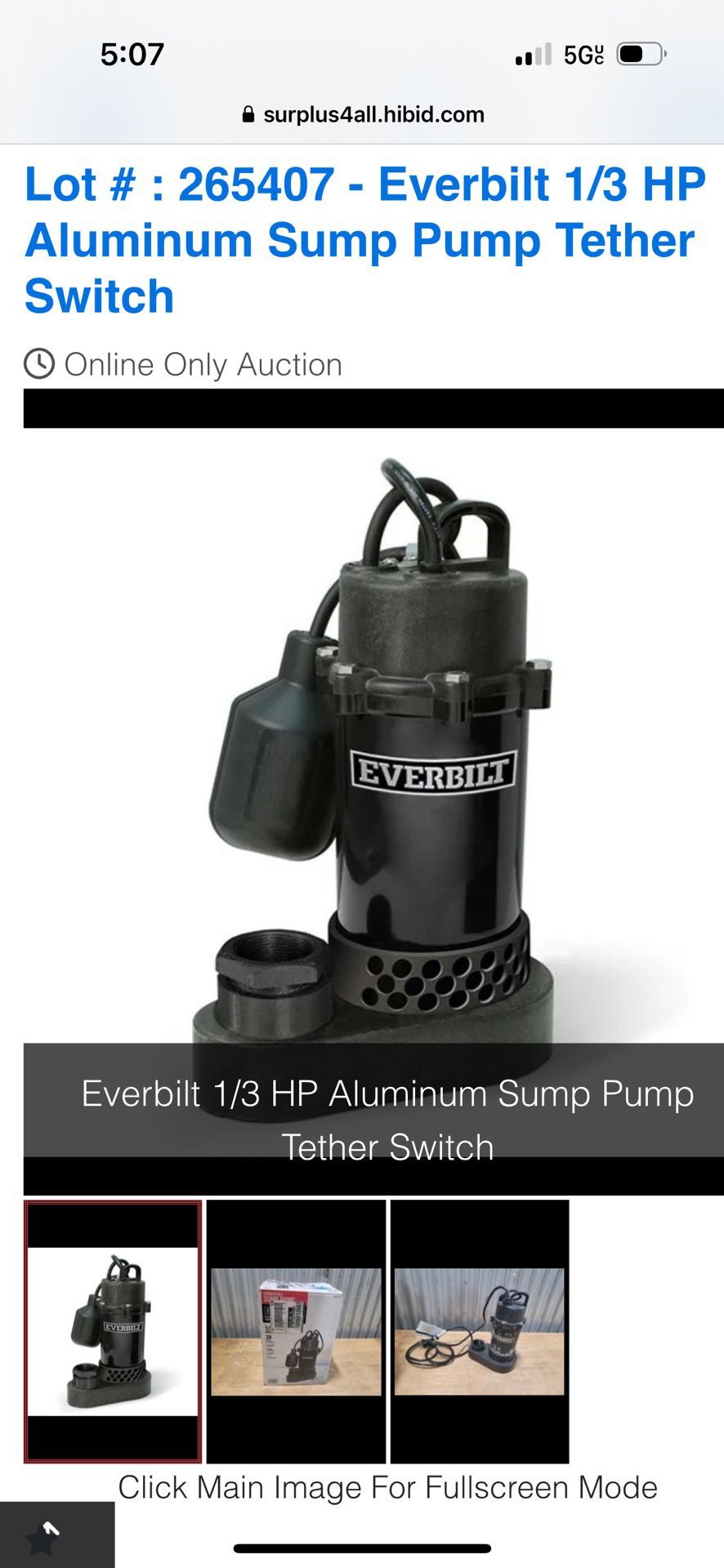 Everbilt 1/3 Hp Sump Pump $30