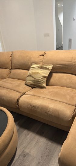 Tan Microfiber Sleeper Sectional Sofa with Matching Coffee Table + 3 pillows