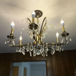 Vintage Crystal Brass 6-Arm Chandelier  