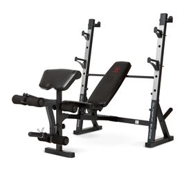 Marcy Adjustable Olympic Weight Bench with Adjustable dumbbells, barbell, and bumper weight plates