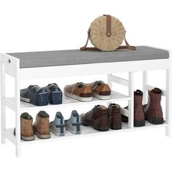 Bamboo Organizer, Entryway Shoe Storage Bench with 2 Tiers Rack, Padded Cushion, White (up to 7 Shoes)  bamboo, this bench is strong, durabl