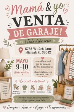 VENTA DE GARAJE DE MAMÁ E HIJA MAÑANA  ¡TODO DEBE IRSE!  5765 W 12th Lane, Hialeah, FL 33012  9 Y 10 DE MAYO. ZELLE Y EFECTIVO SOLAMENTE.  MOMMY AND M