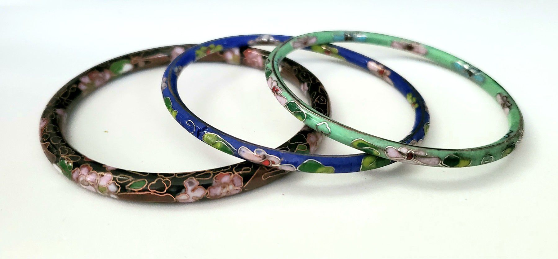 Three beautiful Cloisonne Bangle Bracelets - different colors - floral design.
