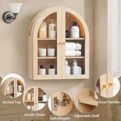Free 🎁 with purchase New Wall Bathroom Cabinet with Glass Doors, Wood Arched Hanging Medicine Cabin
