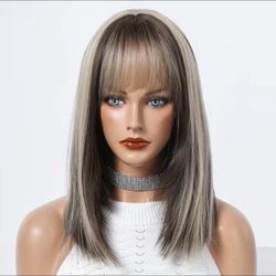 Human hair blend brown/platinum blonde highlight wig