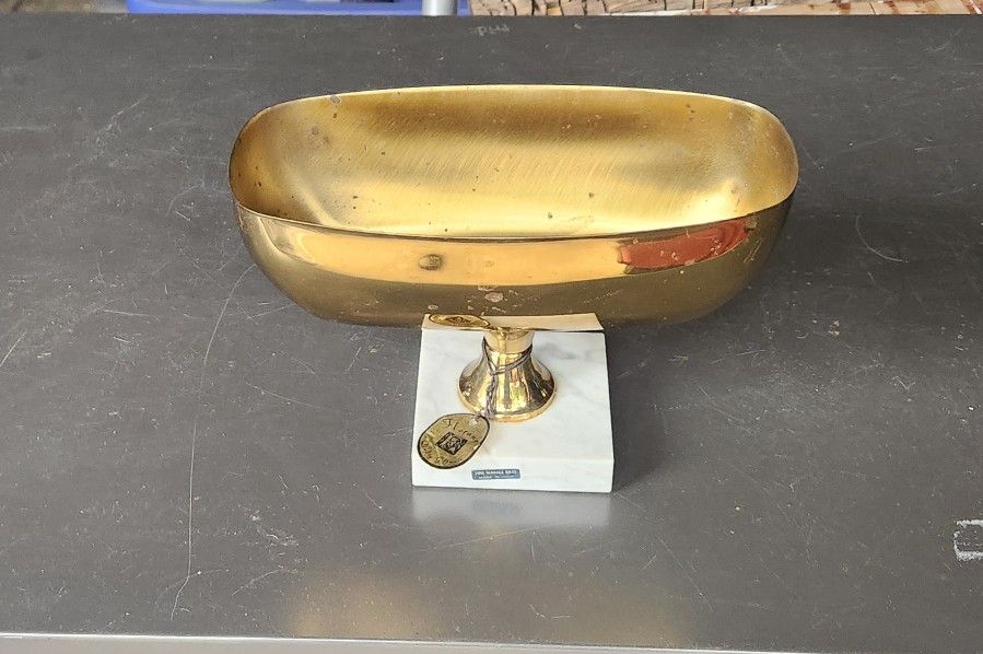 Vintage Brass Pedestal Compote Bowl With Marble Square Bottom Italy
