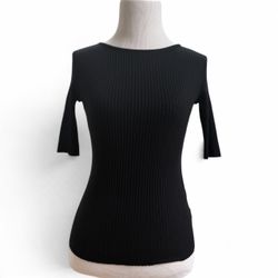 Michelle by Comune Black Ribbed Short-Sleeve Knit Tee, Size S, MSRP $38
