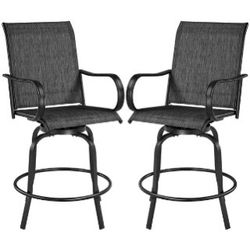 2-piece Patio Swivel Texteline Bistro Chairs, Quick-dry Outdoor Bar Stools with High Back/ Armrest/ Footrest, All-weather Outdoor Furniture for Garden