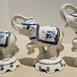 Vintage Set of (3) Porcelain Elephant Statue / Figurines Blue & White