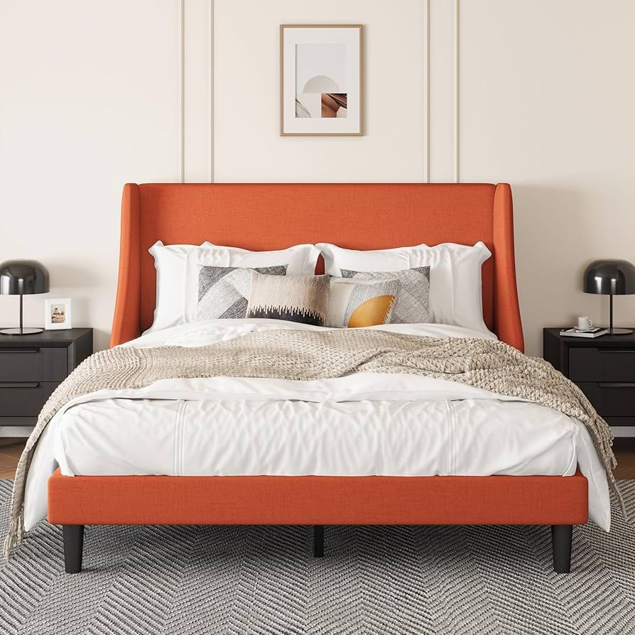 Queen Size with Upholstered Headboard – Sleek Wingback Design, Reinforced Wood Slat Support, Orange